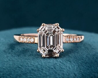 Emerald Pie Cut Diamond Engagement Ring: 14K Rose Gold Bridal Ring