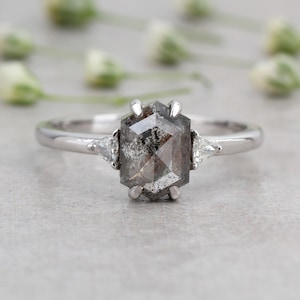1.50 Carat Hexagon Salt and Pepper Diamond Ring  Natural Hexagon Diamond  Ring Natural Diamond  Ring For Anniversary Ring Gift For Her.