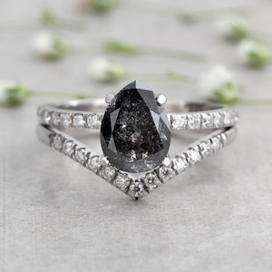 1.89 Ct 1920&#39;s Raw Salt and Pepper Diamond, Pear Diamond Ring, Unique Engagement Bridal Set, Black, Gray Pear, 14k White, Rose Yellow Gold