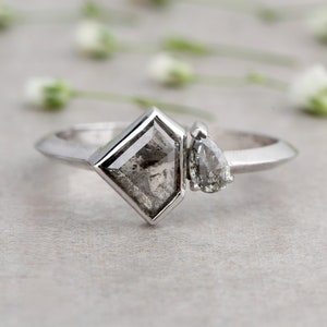 Anel de diamante Salt & Pepper Shield: lapidação rosa pera, aliança de casamento em ouro branco 14K