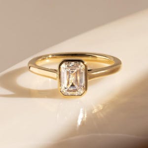 Emerald Cut Lab Grown Diamond Engagement Ring: 14k Gold Bezel Solitaire