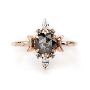 14K Rose Gold Celestial Salt & Pepper Diamond Ring: Art Deco Engagement