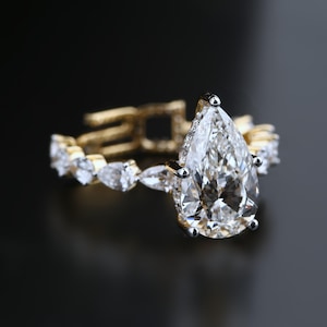 Pear Cut Lab Grown Diamond Engagement Ring: Hidden Halo Pave Wedding Ring
