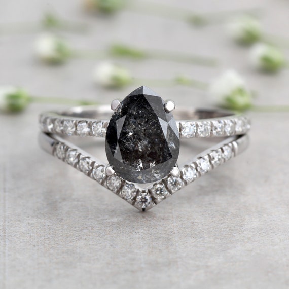 Ct Pear Salt and Pepper Diamond Ring: 14k White Gold Bridal