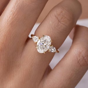 2 CT Oval Lab Diamond Engagement Ring: Pear Pave Three Stone Ring, IGI Certified
