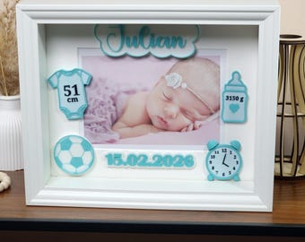 Marco de fotos personalizado para niño: regalo para recién nacidos con nombre y datos de nacimiento. Recuerdo para el bebé.