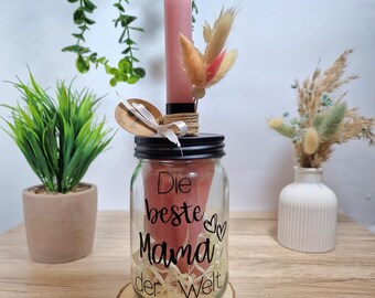 Vela en frasco con flores secas, ideal para el Día de la Madre, ocasiones especiales y como regalo único para amigos y familiares.