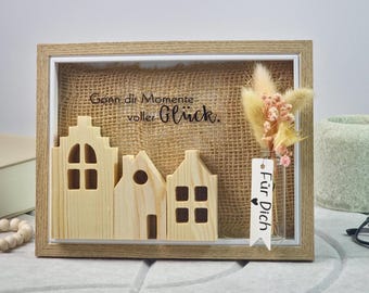 Marco decorativo con LED y casa de madera: idea de regalo para la decoración del hogar y el salón en estilo rústico.