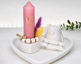 Figura decorativa Keraflott con vela | Set de regalo hecho a mano para esposa, novia o mamá | Decoración de mesa elegante con corazón y luz