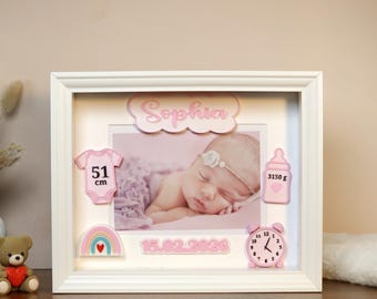 Marco de recuerdos personalizado para bebé niña, con nombre, fecha y datos de nacimiento: un regalo perfecto para una recién nacida.
