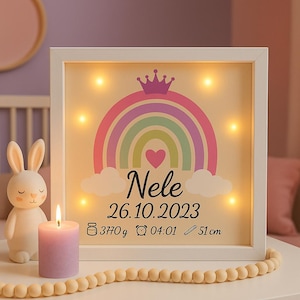 Personalisiertes Geburts-Lightbox mit Name Datum Regenbogen LED Bilderrahmen Geschenk zur Geburt, Taufe & Babyzimmer Dekoration