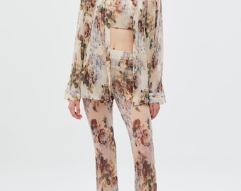 Boho 3 Piece Floral Set, Sheer Oversized Shirt Wide Leg Pants and Crop Top Co-ord, Summer Vacation Outfit, Festival Wear Women, Hippie Set