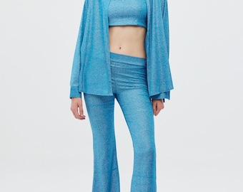 Blue 3 Piece Set, Oversized Shirt Wide Leg Pants and Crop Top, Mediterranean Style Vacation Outfit, Summer Festival Co-ord
