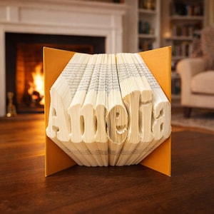 Könnte beinhalten: Ein handgefertigtes Buchkunstwerk mit dem Namen "Amelia", wobei die Buchstaben aus den Seiten geschnitten wurden. Das Buch steht vor einem senffarbenen Hintergrund, wodurch ein 3D-Effekt entsteht. Im Hintergrund ein Kamin und ein Wohnzimmer.