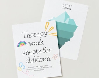 May include: Two cards with colorful illustrations and text. The top card has a blue and green iceberg with the text "ANGER Iceberg". The bottom card has a rainbow, a flower, and a bee with the text "Therapy work sheets for children" and "MADE BY AN LMSW USING EVIDENCED-BASED THERAPEUTIC APPROACHES".