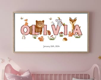 Woodland Animal Name Print for Kids, Personalised Nursery Wall Art, Forest Theme Baby Name Poster, Custom Birth Date Gift, New Born Gift