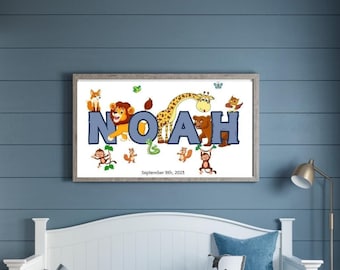 Safari Tier Namen Poster für Kinder, personalisierte Dschungel Kinderzimmer Wandkunst, Baby Namen Poster mit Löwe und Giraffe, Baby Namen Zeichen Poster