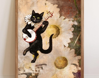 Póster de gato negro / Arte mural divertido de gatos / Ilustración musical de gatos / Impresión de gato tocando el banjo / Ilustración vintage de animales / Decoración de gatos estilo cottagecore