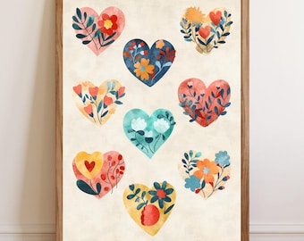 Love Wall Print, Flower Heart Poster, Romantic Love Heart Wall Art, Modern Boho Heart Decor, Watercolor Heart Print, Floral Heart Artwork