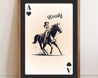 Arte mural de as de picas del oeste, póster de vaquero a caballo, impresión de naipes rústicos vintage, decoración de casas de campo, arte estético de casas de campo