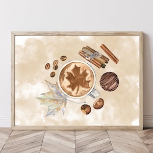Autumn Coffee Wall Art, Cozy Fall Decor, Neutral Seasonal Printable, Warm Seasonal Artwork, Minimalist Coffee Print, Coffee Lovers Poster