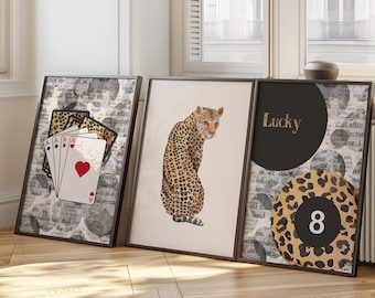 Leopard Print Wall Art Set, Lucky 8 Poster, Lucky 8 Ball Leopard Print, Leopard and Playing Card Wall Art Set, Animal Theme Artwork