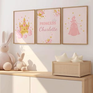 Princess Nursery Wall Art Set, Custom Name Pink Castle and Princess Poster, Baby Girl Room Decor for Toddler or Kids Bedroom,Baby Girl Name