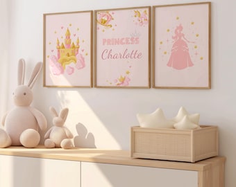Princess Nursery Wall Art Set, Custom Name Pink Castle and Princess Poster, Baby Girl Room Decor for Toddler or Kids Bedroom,Baby Girl Name