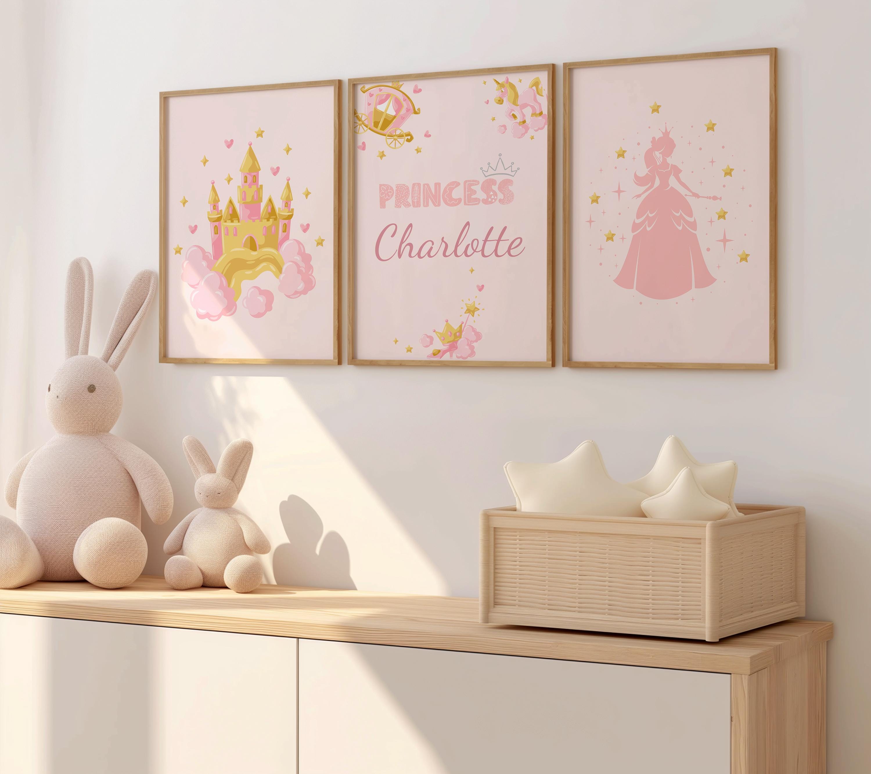 Princess Nursery Wall Art Set, Custom Name Pink Castle and Princess ...
