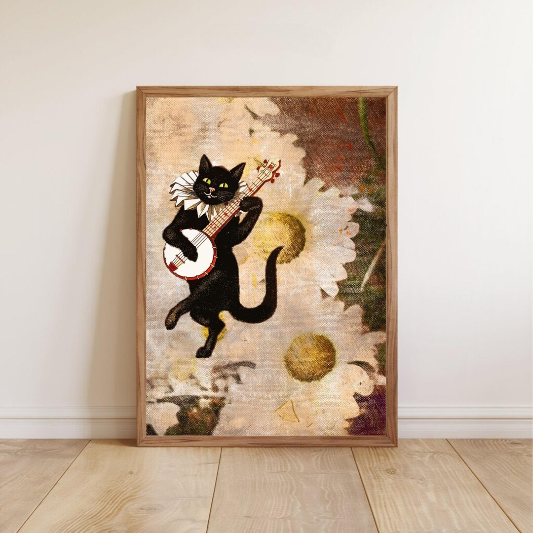 Black Cat Poster | Funny Cat Wall Art | Musical Cat Artwork | Banjo ...