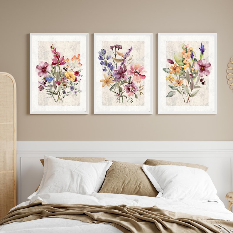 Set of 3 Flower Prints, Floral Watercolor Wall Art Set of 3, Boho ...