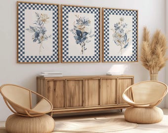 Blaue Blumenwandkunst 3er-Set Drucke, moderne Blumenaquarellwandkunst, Boho Botanische Kunst, neutrale Wanddekoration, 3er-Set Blumendrucke