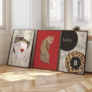 Leopard Wall Art Set of 3, Lucky 8 Ball Leopard Print, Leopard and Playing Card Wall Art Set, Red Leopard Prints Set, Animal Theme Artwork