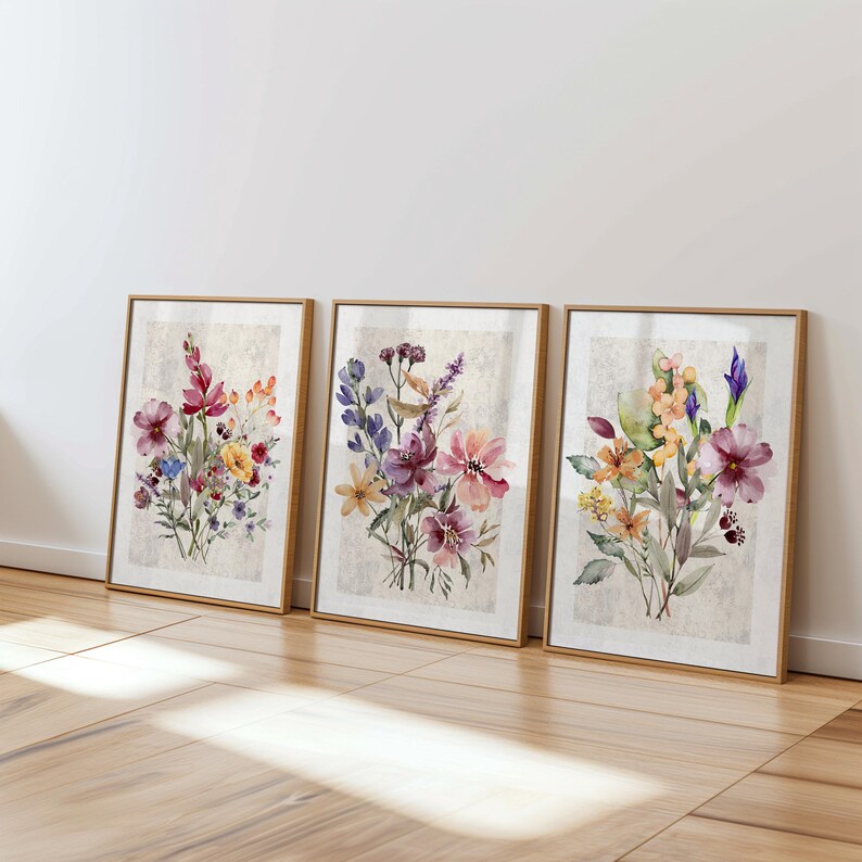 Set of 3 Flower Prints, Floral Watercolor Wall Art Set of 3, Boho ...