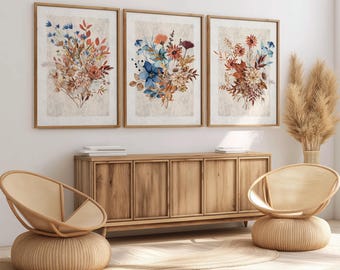 Set di 3 stampe da parete floreali rustiche, stampe botaniche ad acquerello boho, decorazioni floreali blu e arancioni, opere d'arte vintage autunnali, decorazioni da parete neutre