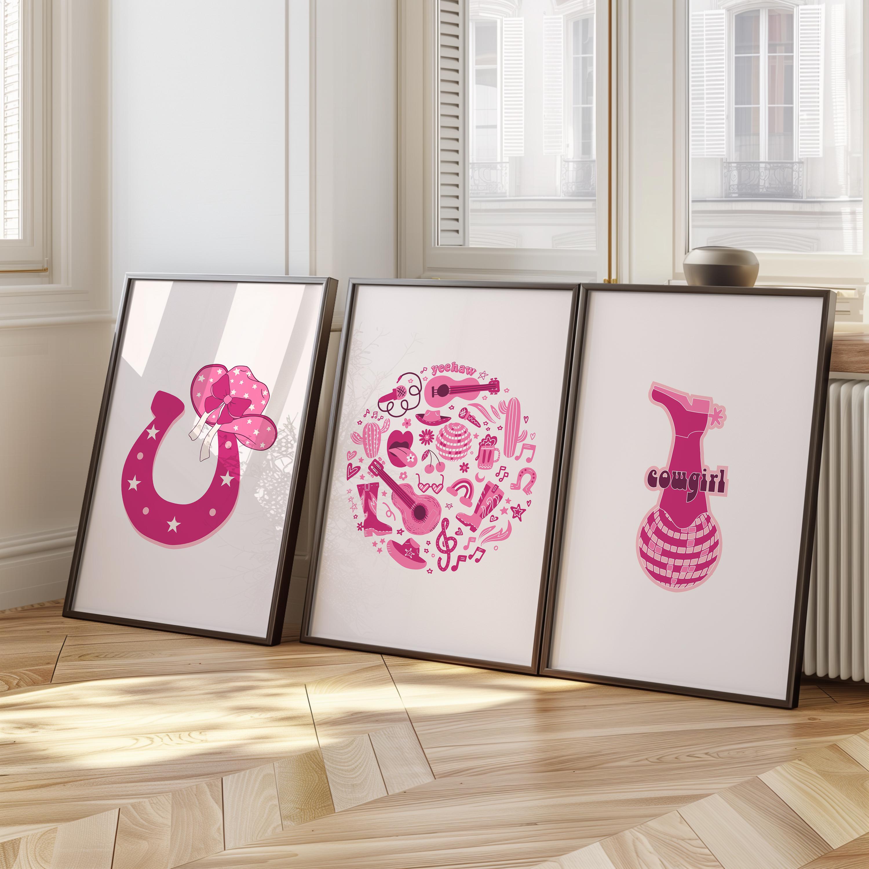 retro cowgirl art prints - set of 3 - digital download... Chic Pink Cowgirl Wall Art Set, Western Cowgirl Prints, Cute Western ...