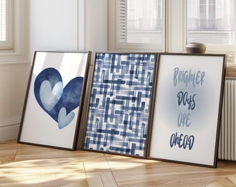 Blue Aesthetic Wall Art Set of 3, Dorm Room Prints, Girly Home Decor, Inspired Art, Heart Print,  Inspirational Quote, Blue Gallery Wall Art