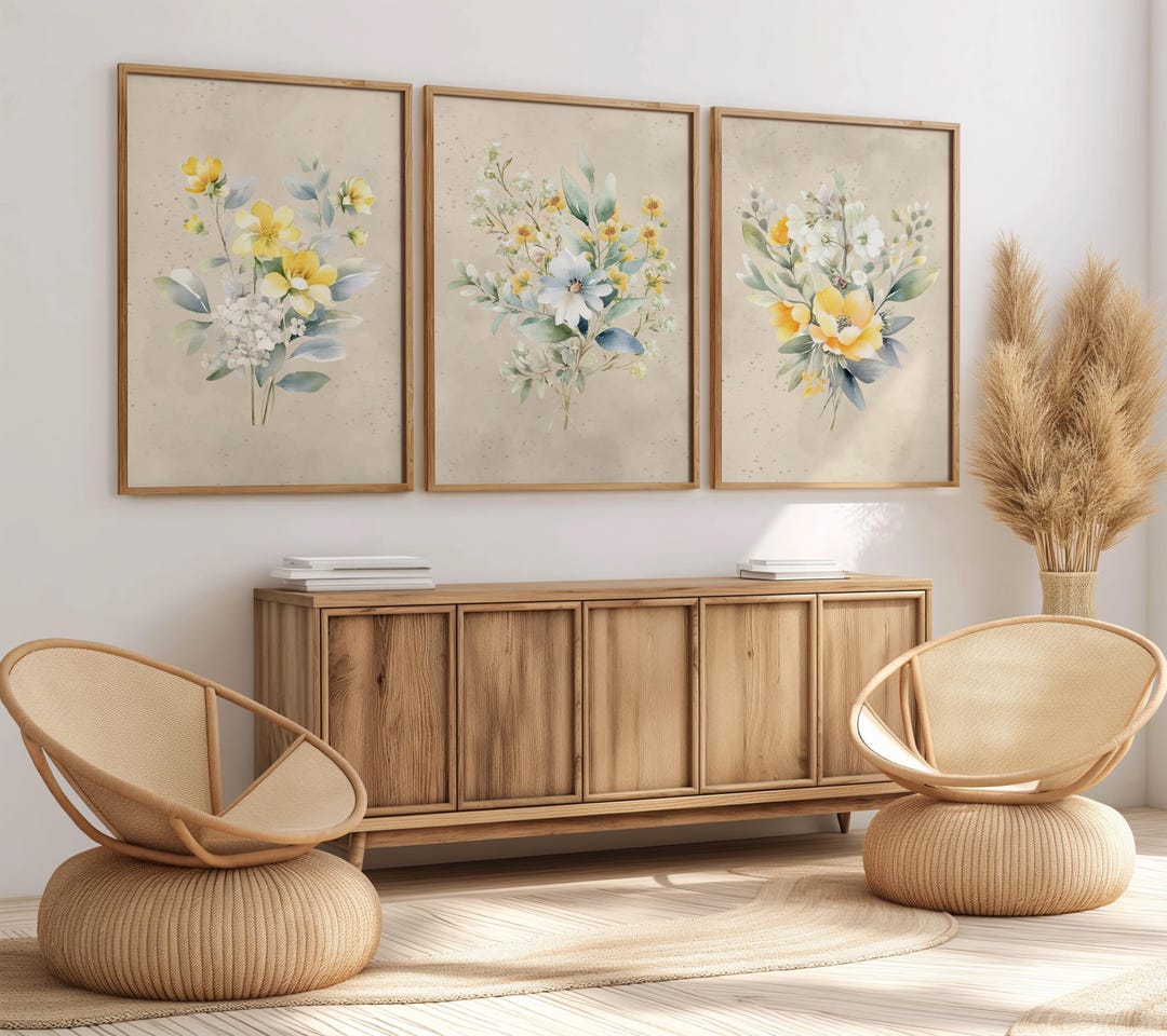 Yellow and White Floral Wall Art Set of 3, Watercolor Botanical Prints ...