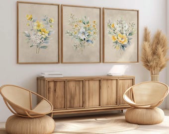 Yellow and White Floral Wall Art Set of 3, Watercolor Botanical Prints, Cottagecore Flower Bouquet Posters,Rustic Nature Inspired Wall Decor