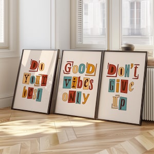 Retro Typography Wall Art Set | Do Your Best, Good Vibes Only, Don’t Give Up Prints | Colorful Motivational Quote Home Decor