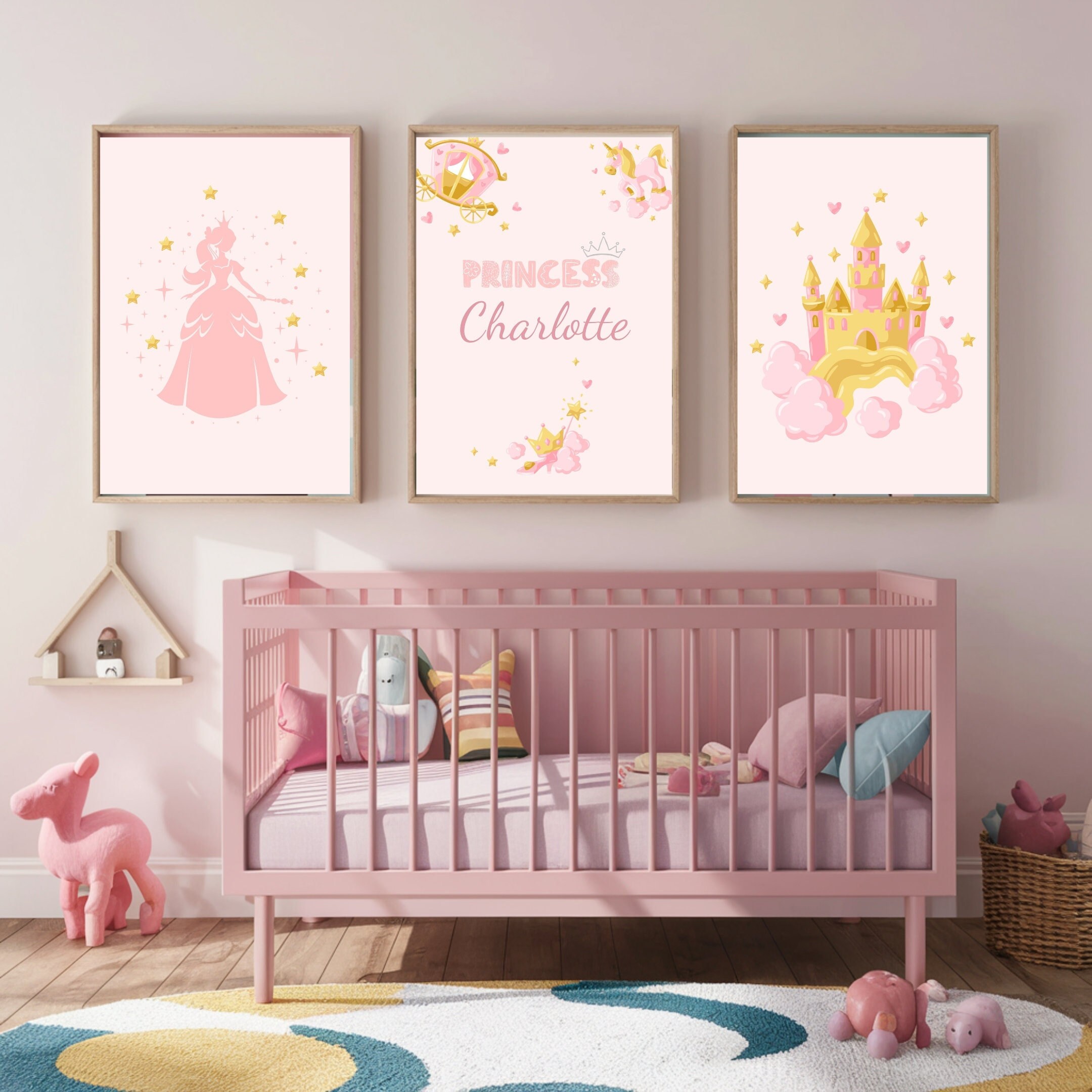 Princess Nursery Wall Art Set, Custom Name Pink Castle and Princess ...