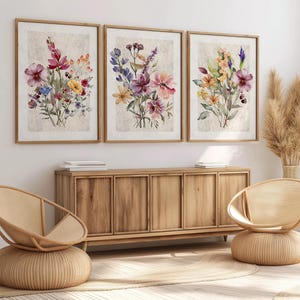 Set of 3 flower prints, Floral Watercolor Wall Art Set of 3, Boho Botanical Prints, Vintage Wildflower Poster, Neutral Wall Decor,Rustic Art