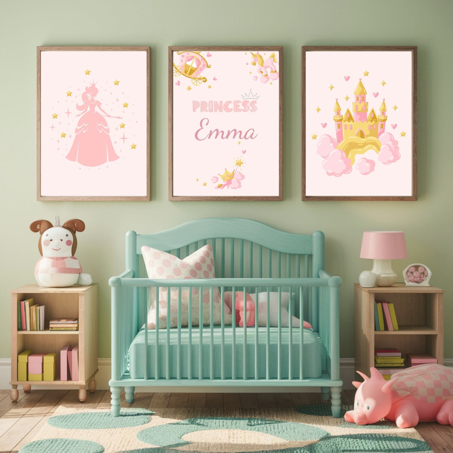 Princess Nursery Wall Art Set, Custom Name Pink Castle and Princess ...