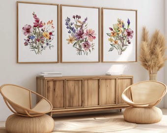Watercolor Wildflower Wall Art Prints Set of 3, Botanical Floral Posters, Floral Watercolor Artwork, Boho Rustic Nature Art, Neutral Decor