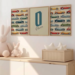 レトロ ライド ウォール アート セット、カスタム カー テーマ プリント、パーソナライズされた保育園の装飾、子供部屋プリント、ヴィンテージ カー ウォール プリント、子供部屋プリント
