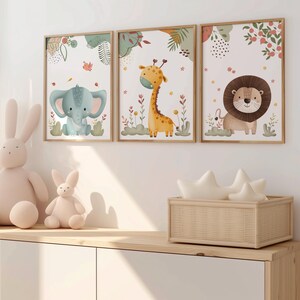 Boho Safari Nursery Wall Art Set of 3, Jungle Animal Prints for Kids Room, Colorful Lion Giraffe Elephant Poster Decor, Playroom Wall Art