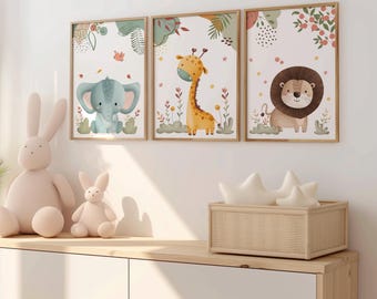 Boho Safari Nursery Wall Art Set of 3, Jungle Animal Prints for Kids Room, Colorful Lion Giraffe Elephant Poster Decor, Playroom Wall Art