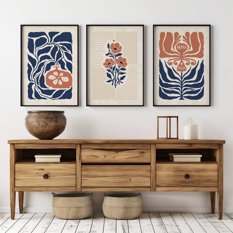Boho Botanical Wall Art Set of 3, Terracotta and Navy Blue Abstract ...