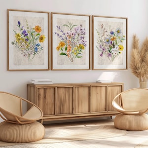 Rustic Wildflower Wall Art Print Set of 3, Vintage Botanical Art, Watercolor Floral Prints, Farmhouse Wall Decor, Boho Nature Poster Set
