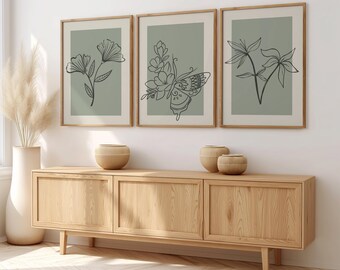 Sage Green Botanical Print, Scandinavian Line Art Set of 3, Minimalist Botanical Wall Art, Scandinavian Wall Decor, Modern Floral Artwork